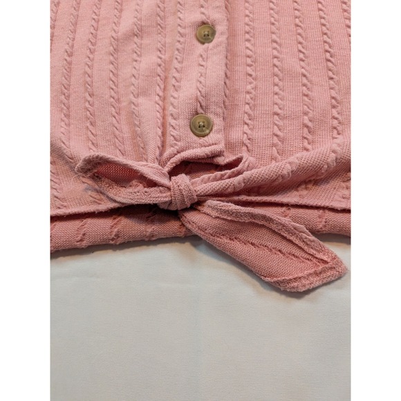 Weatherproof Vintage Pink Cable Knit Tie Front V Neck Short Sleeve Top L - Picture 3 of 8